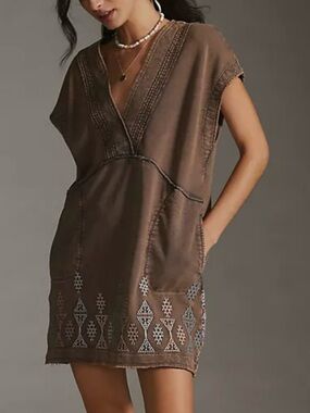 Anthropologie / Daily Practice V- neck Embroidered Mini Dress Size Small